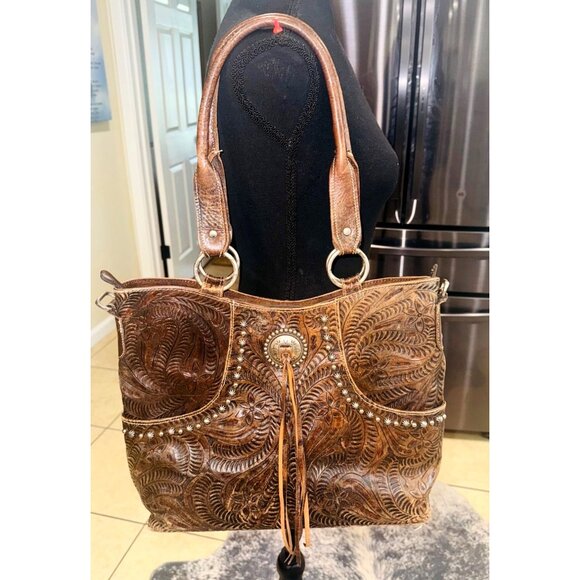 VTG American West Tooled Embossed Brown Leather Bag Concho Accent Fringe Western - Picture 1 of 13